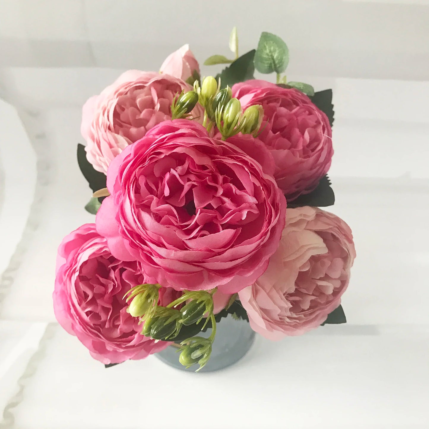 Rose Pink Silk Peony Artificial Flowers Bouquet - 5 Big Heads & 4 Buds for Home Wedding Decor 12