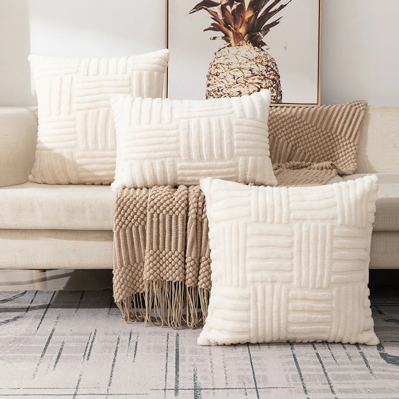 Boho Faux Fur Plush Throw Pillow Cover - Cream White Decorative Couch Pillows 0