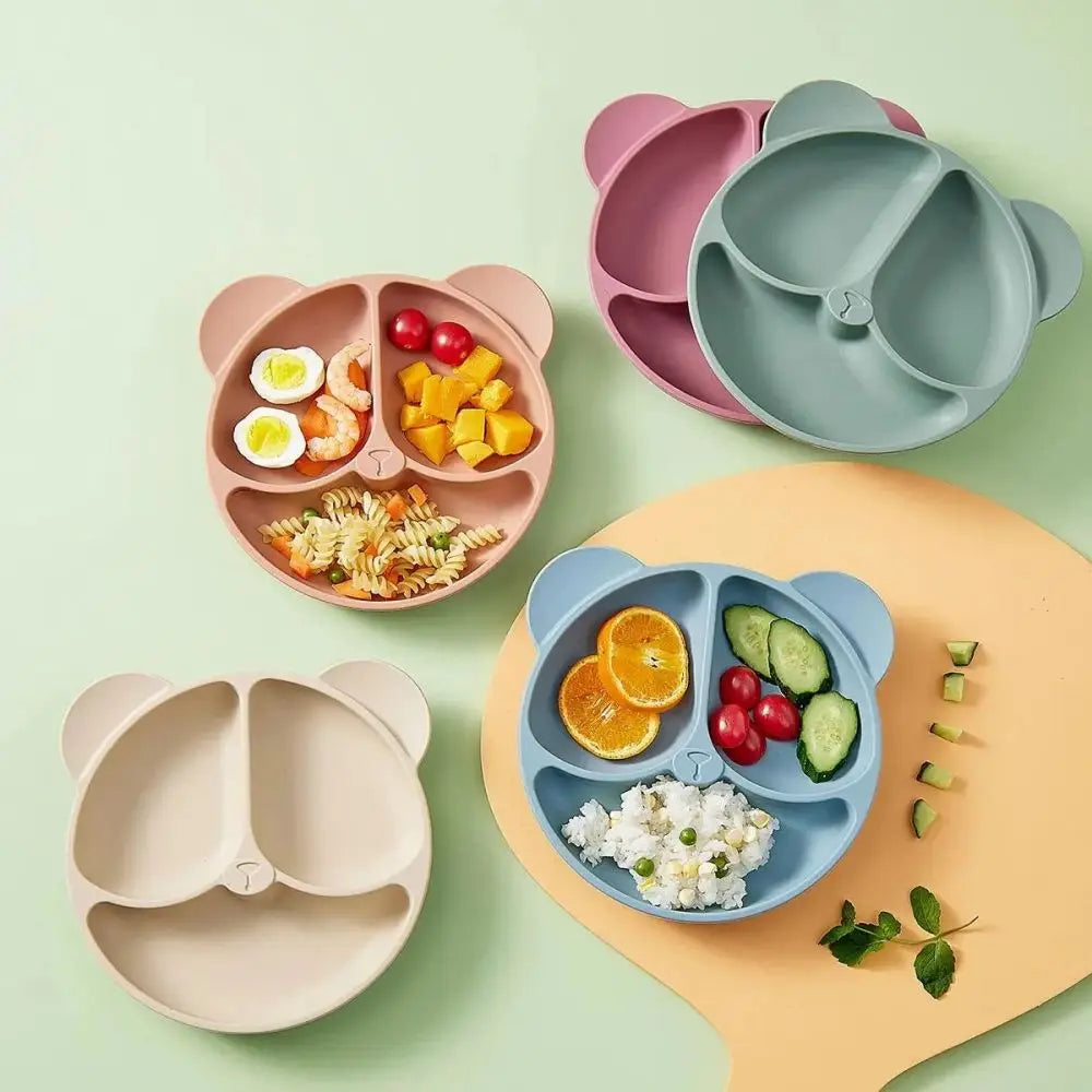 Cute Bear Silicone Suction Cup Dinner Plate - 3-Compartment Baby Bowl 0