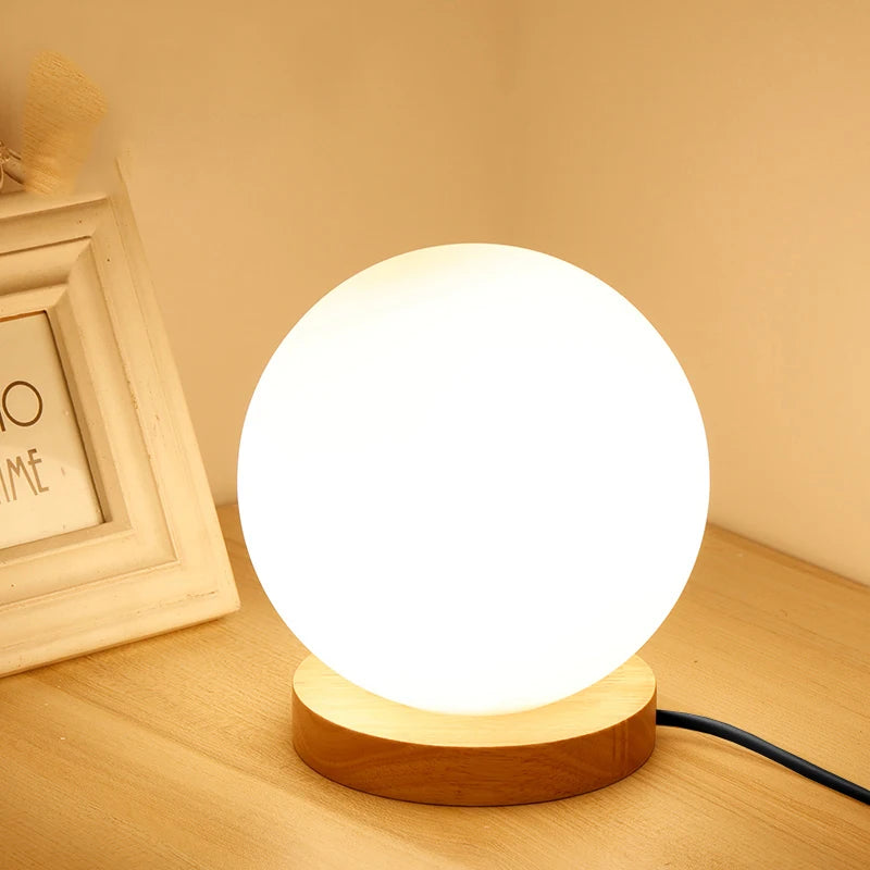 Elegant Glass Ball Table Lamp with Wooden Base - Modern Bedside & Living Room Lighting 0