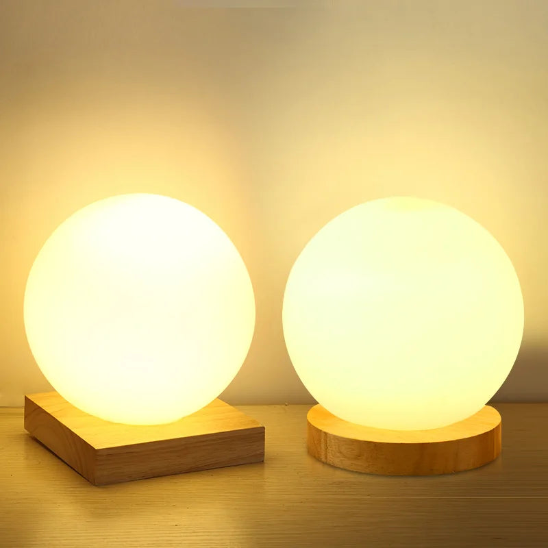 Elegant Glass Ball Table Lamp with Wooden Base - Modern Bedside & Living Room Lighting 1