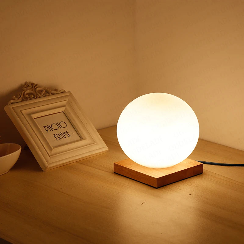Elegant Glass Ball Table Lamp with Wooden Base - Modern Bedside & Living Room Lighting 2