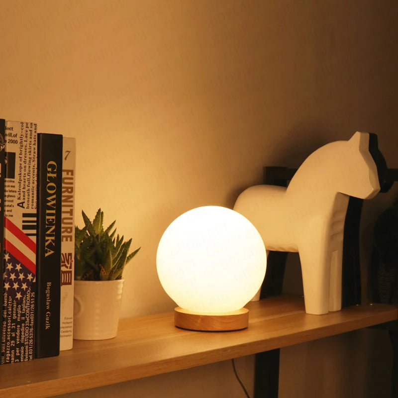 Elegant Glass Ball Table Lamp with Wooden Base - Modern Bedside & Living Room Lighting 3