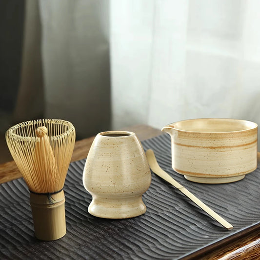 Japanese Matcha Tea Set - 4PCS Bamboo Whisk, Scoop, Bowl & Holder 0