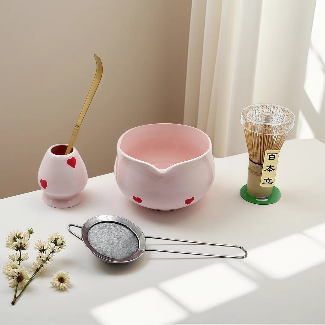 Pink Heart Decal Matcha Set - Complete Tea Experience with Bowl, Whisk, and Bamboo Accessories 1