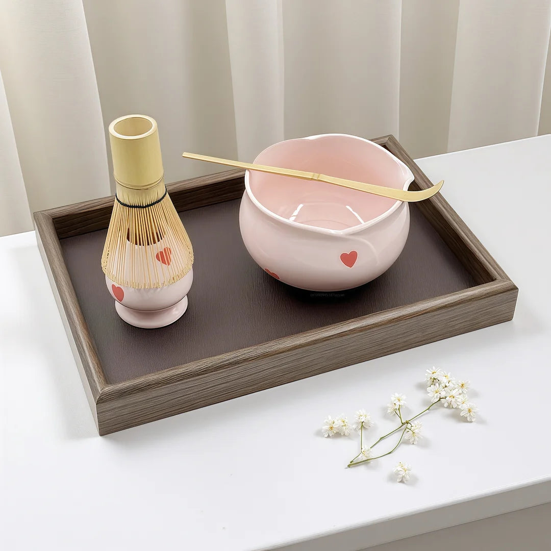 Pink Heart Decal Matcha Set - Complete Tea Experience with Bowl, Whisk, and Bamboo Accessories 4