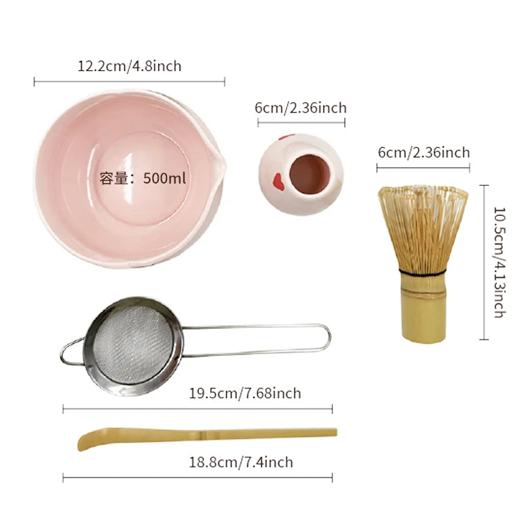 Pink Heart Decal Matcha Set - Complete Tea Experience with Bowl, Whisk, and Bamboo Accessories 6