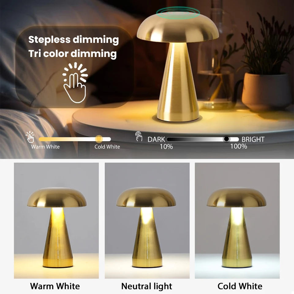 Rechargeable Mushroom LED Table Lamp - Cordless Touch Sensor Bedside Light 1