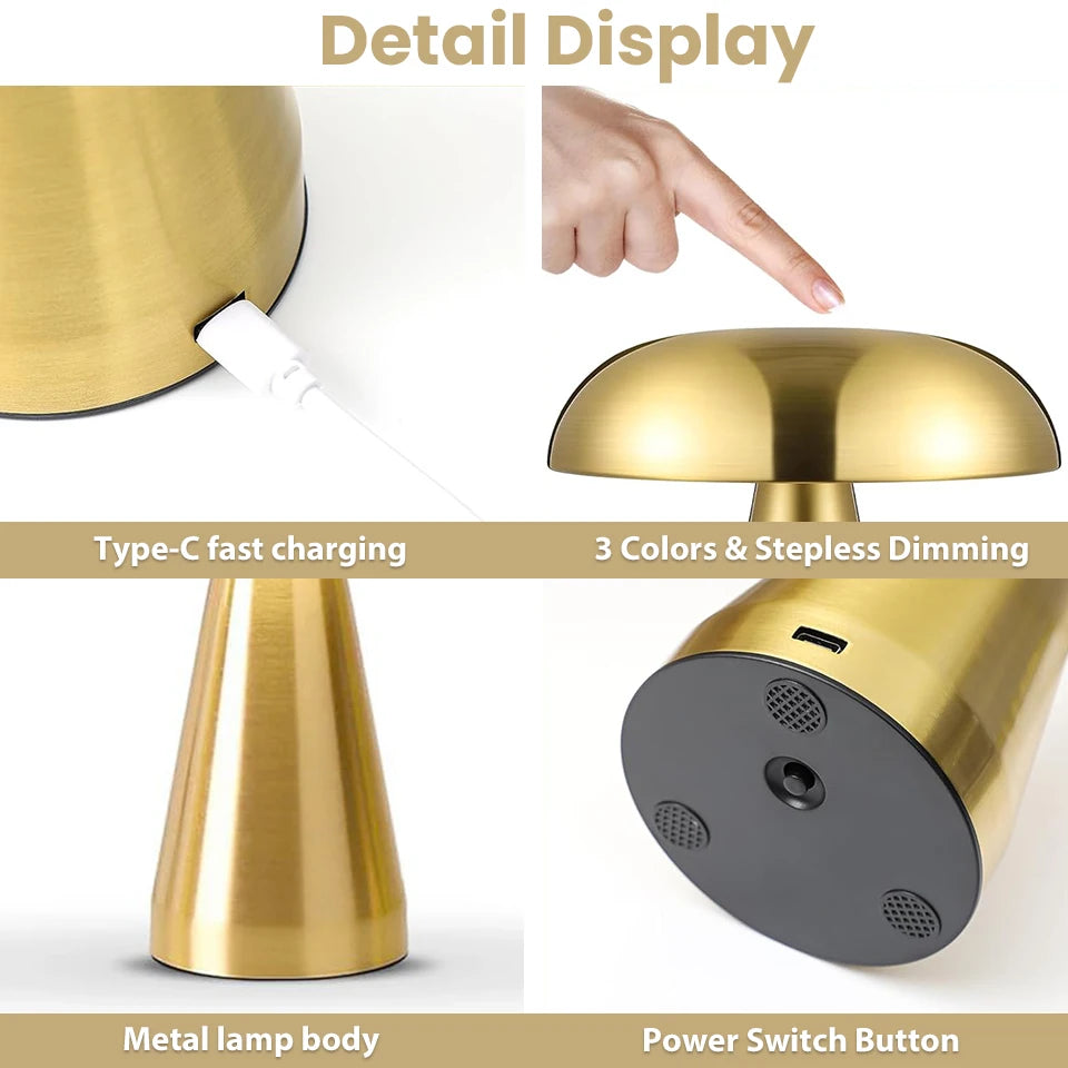Rechargeable Mushroom LED Table Lamp - Cordless Touch Sensor Bedside Light 5