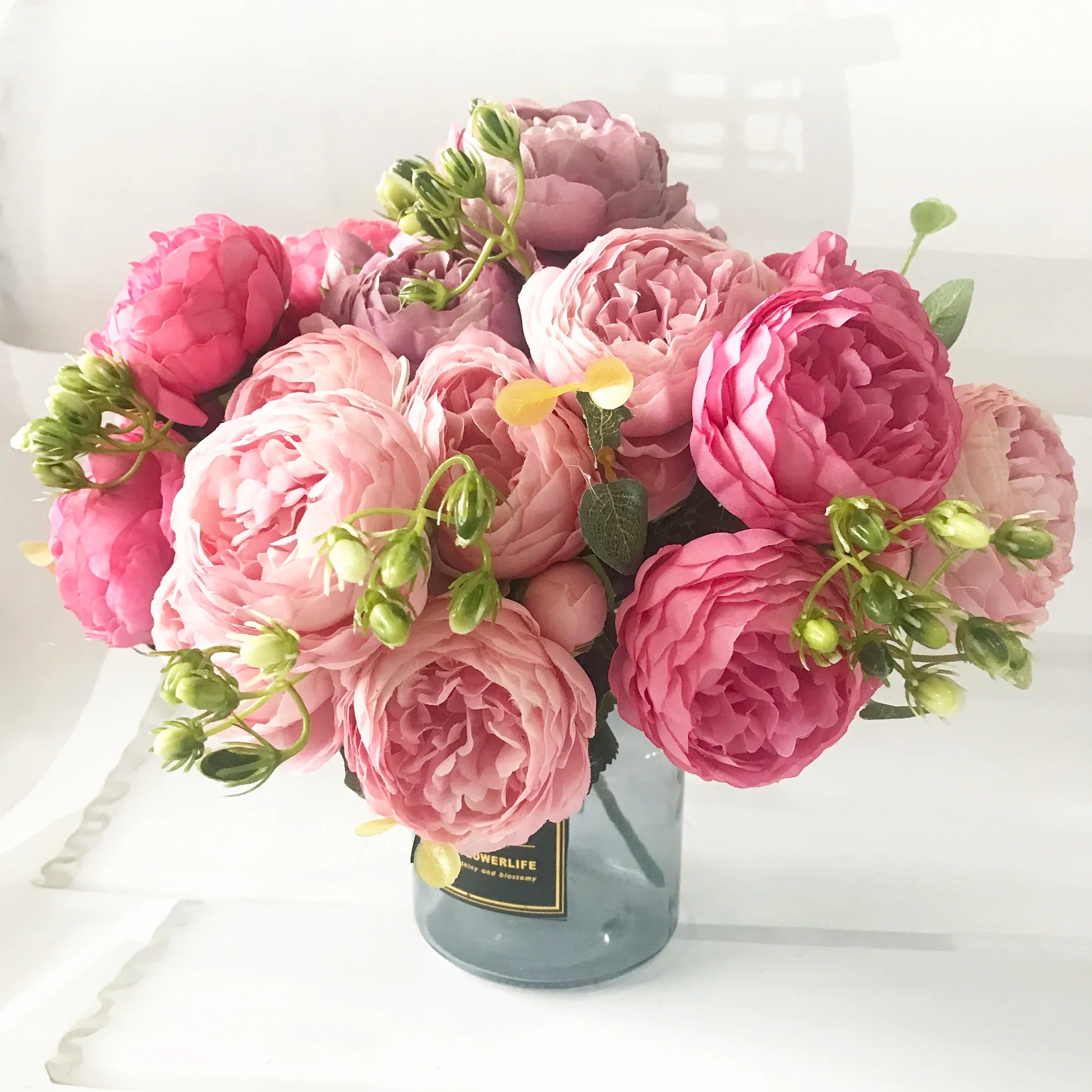 Rose Pink Silk Peony Artificial Flowers Bouquet - 5 Big Heads & 4 Buds for Home Wedding Decor 0