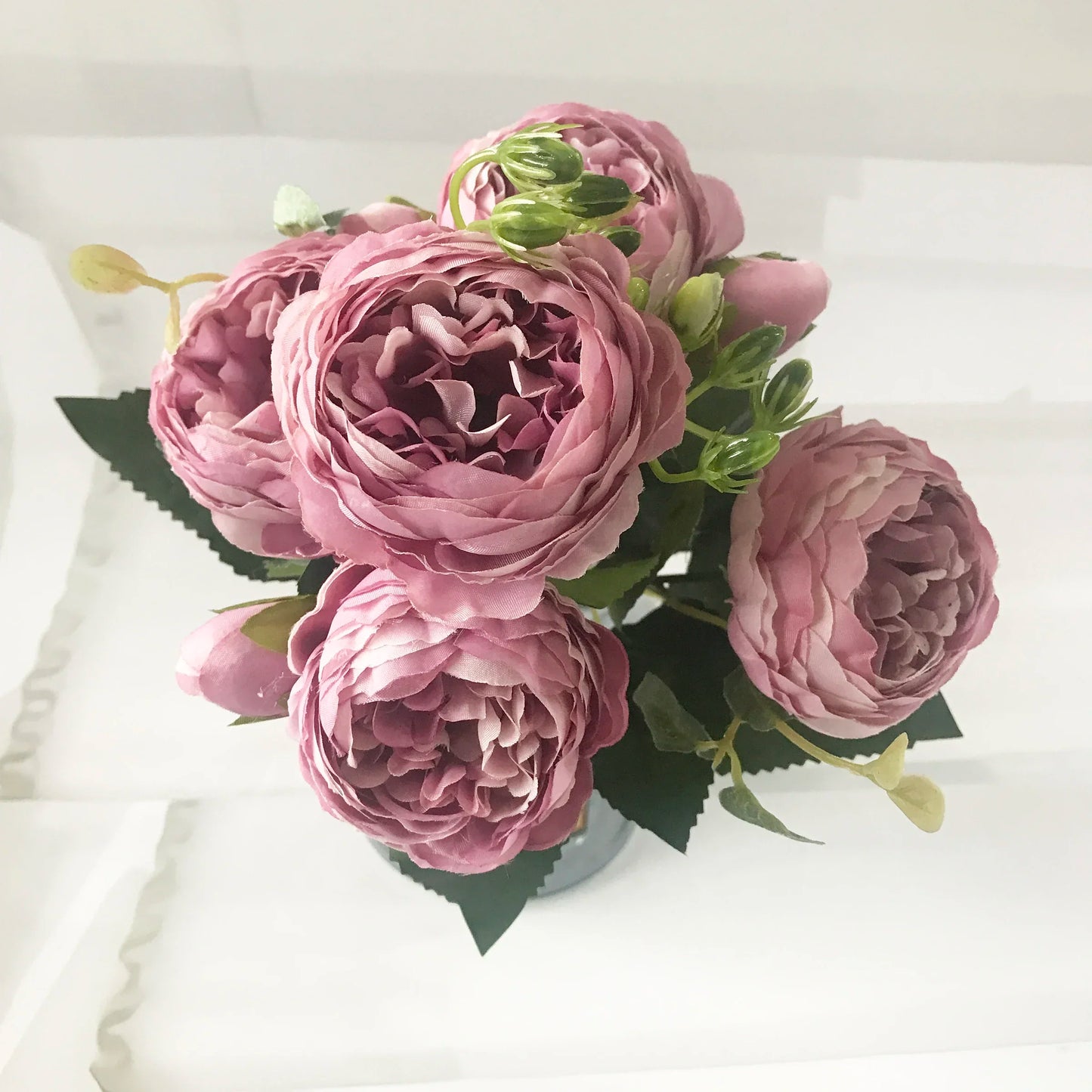 Rose Pink Silk Peony Artificial Flowers Bouquet - 5 Big Heads & 4 Buds for Home Wedding Decor 16