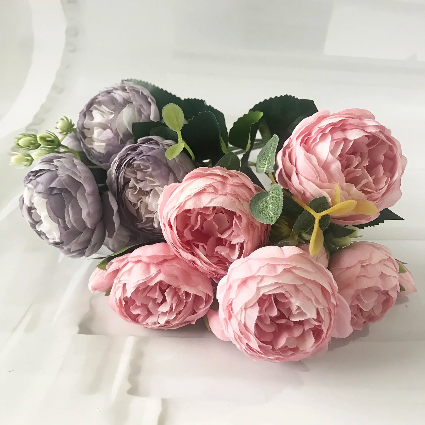 Rose Pink Silk Peony Artificial Flowers Bouquet - 5 Big Heads & 4 Buds for Home Wedding Decor 2