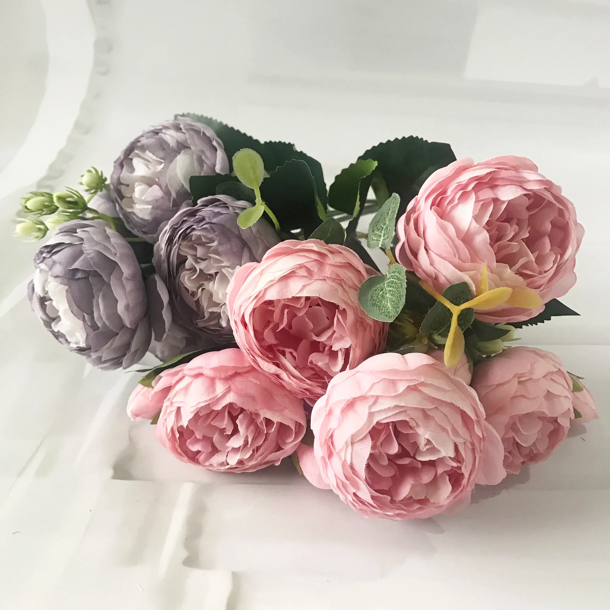 Rose Pink Silk Peony Artificial Flowers Bouquet - 5 Big Heads & 4 Buds for Home Wedding Decor 2