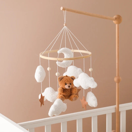 Soft Felt Cartoon Bear Crib Mobile with Gentle Bells for Newborns 0