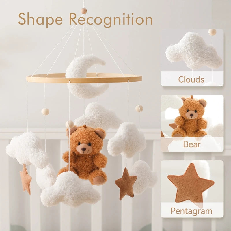 Soft Felt Cartoon Bear Crib Mobile with Gentle Bells for Newborns 3