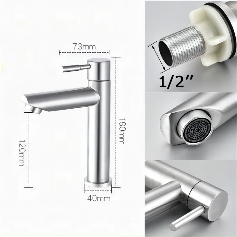 Stainless Steel Bathroom Sink Faucet - Eco-Friendly Single Handle Cold Water Tap 5